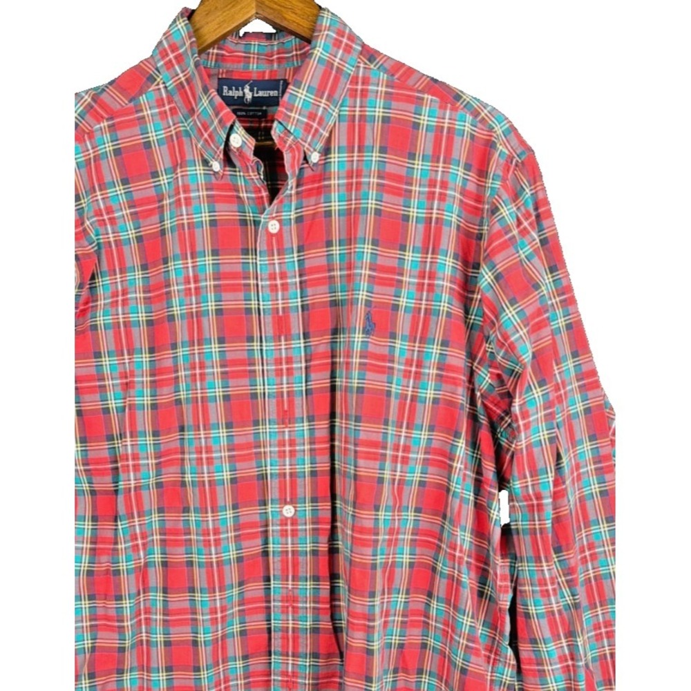 Ralph Lauren Shirt Mens XL Plaid‎ Button Down Long Sleeve Cotton Red Teal Preppy